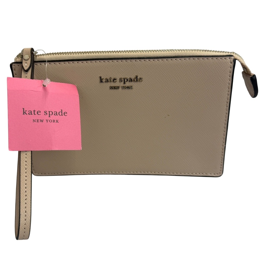 Kate Spade New York Beige Saffiano Leather Zip Top Wristlet Pouch NWT